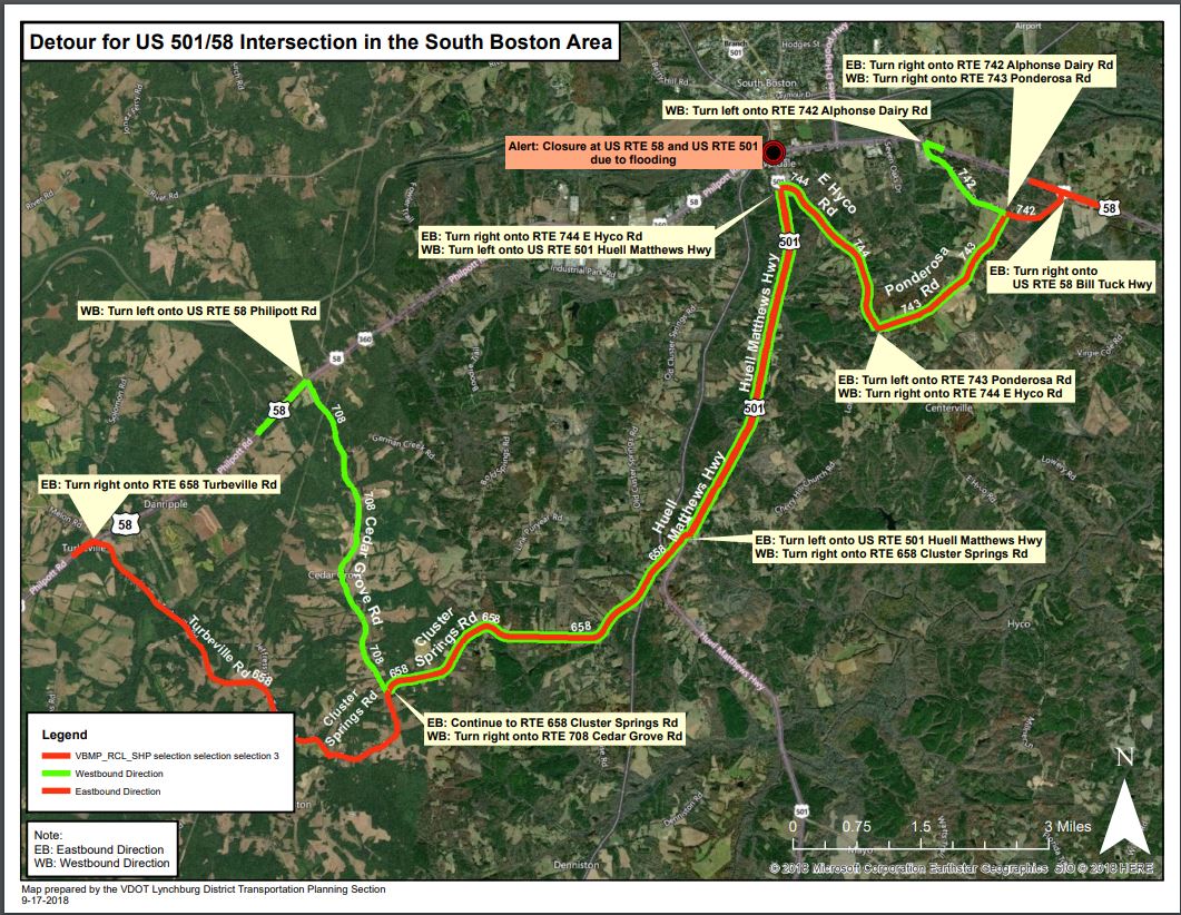 Routes 501 and 58 in the South Boston area of Halifax County detour