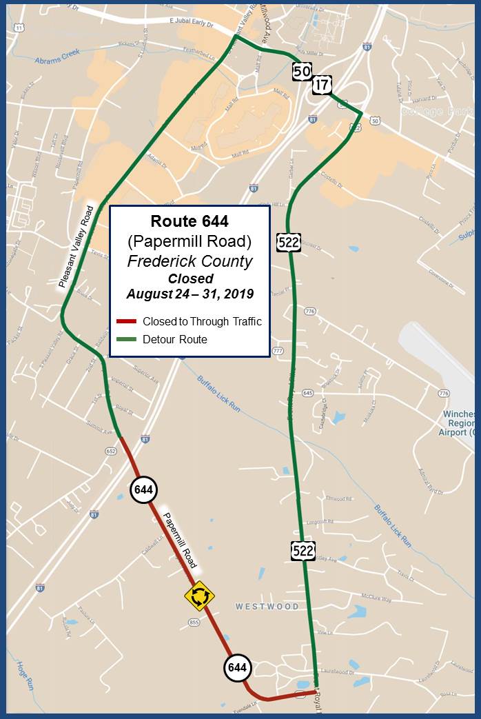 route 644 Papermill road closed August 24-31, 2019